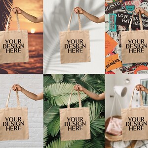 May include: Six beige tote bags with black text that reads "Your Design Here" on each bag. The bags are held by hands in different settings, including a beach, a wall, and a tropical plant background.