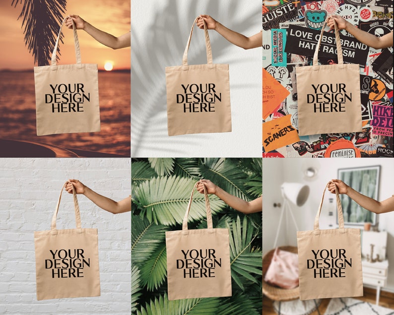 May include: Six beige tote bags with black text that reads "Your Design Here" on each bag. The bags are held by hands in different settings, including a beach, a wall, and a tropical plant background.