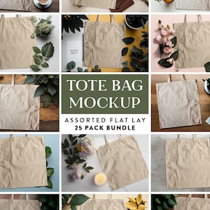 25 x Assorted Flat Lay Natural Canvas Tote Bag Mockup Bundle | Sand Cotton Tote Bag Mockup | Blank Reusable Shopping Bag Mockups Economical