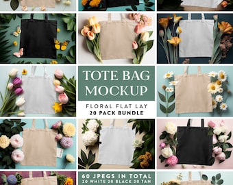 20 Mockups In 3 Colors - 60 Files in Total | Floral Spring Summer Theme Tote Bag Mockup Bundle Flat Lay Mockups | Sand, Black & White Bags