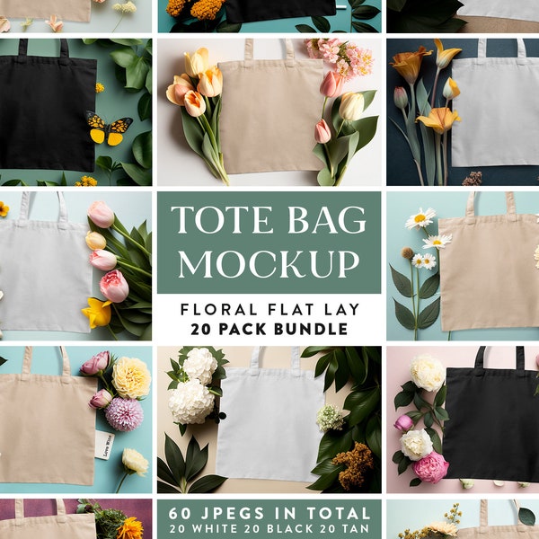 20 Mockups In 3 Farben - 60 Dateien Insgesamt | Floral Frühling Sommer Thema Tragetasche Mockup Bundle Flat Lay Mockups | Sand, Schwarz & Weiß Taschen