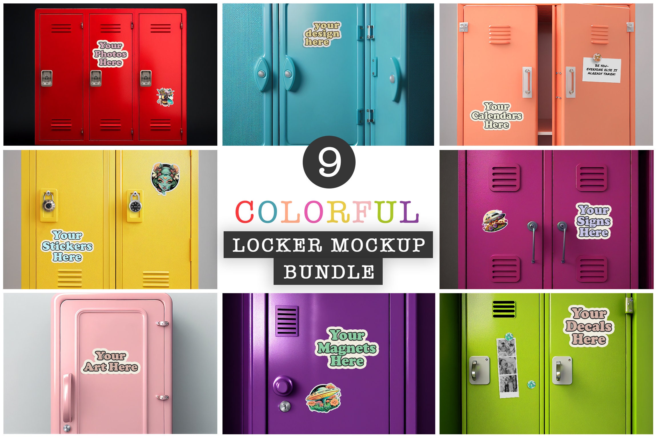 Locker Tag Sticker 9 X Locker Mockup Bundle - for Magnets, Stickers, Calendars Signs ...