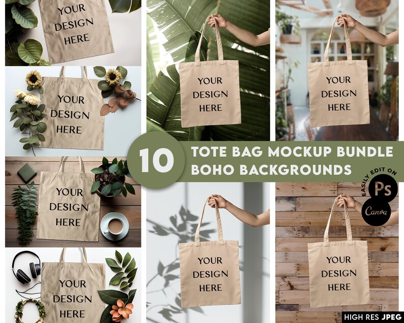May include: A mockup bundle of 10 tote bags with different boho backgrounds. The bags are beige and have the text "Your Design Here" printed on them. The backgrounds include plants, wood, and a white wall.