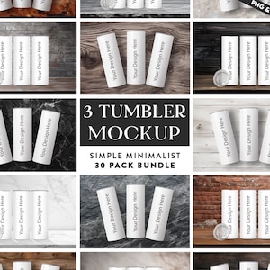 30 x 3 Tumblers Mockup Bundle | Simple Minimalist 20oz Skinny Straight Tumbler Mock up Transparent PNG Mock-Up File Edit in CANVA Photoshop