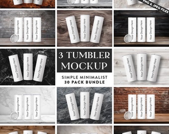 30 x 3 Tumblers Mockup Bundle | Simple Minimalist 20oz Skinny Straight Tumbler Mock up Transparent PNG Mock-Up File Edit in CANVA Photoshop