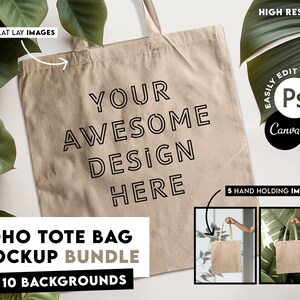 May include: A mockup of a beige tote bag with the text "YOUR AWESOME DESIGN HERE" printed on it. The bag is surrounded by green leaves and a white background. The image is part of a boho tote bag mockup bundle with 10 backgrounds.