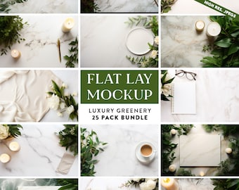 25 x Greenery Table Flat Lay Mockup Bundle Add Your Own Products | Digital Background Mock up Styled Stock Photography Scene Creator Mockups