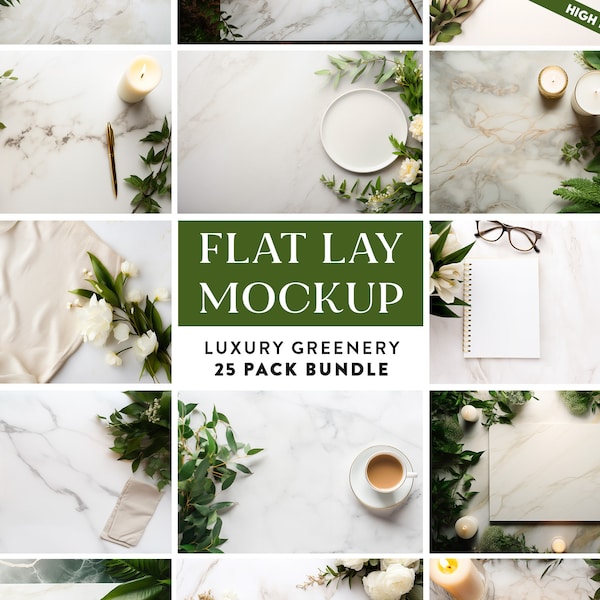 25 x Greenery Table Flat Lay Mockup Bundle Add Your Own Products | Digital Background Mock up Styled Stock Photography Scene Creator Mockups