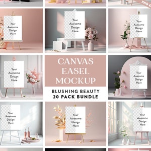 May include: A mockup set of 20 canvas easel mockups in various settings. The mockups feature a white canvas with the text "Your Awesome Design Here" on a white easel. The mockups are set against a variety of backgrounds, including pink walls, white walls, and a window with natural light. The mockups are perfect for showcasing your artwork, photography, or designs.