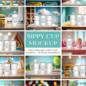 50 x Colorful Kids 12oz Straight Sippy Cup Tumbler Mockup Bundle Childrens Sippy Cups Full Mock-up Transparent PNG Background Canva Photshop