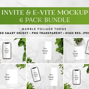 6 x Invite and E-Vite Mockup Bundle | iPhone & Card Mockup, E-invite Mock-up, Digital Invite Mockups | Smart Object Invitation Evite Mock