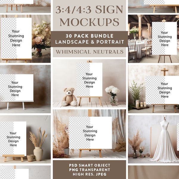 30 x Neutral Themed Sign Mockup Bundle | PSD Smart Object Mock-ups | 3:4 Canvas Easel Mockups | Landscape & Portrait Orientation Included