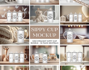 Sippy Cup Mockup Bundle, 12oz Straight, Neutral Kids (PNG, JPEG)