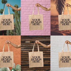 May include: Six beige tote bags with black handles and the text "YOUR DESIGN HERE" printed on the front. The bags are displayed against different backgrounds, including brick, wood, and a beach scene.