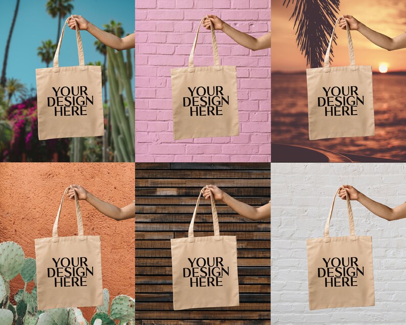 May include: Six beige tote bags with black handles and the text "YOUR DESIGN HERE" printed on the front. The bags are displayed against different backgrounds, including brick, wood, and a beach scene.
