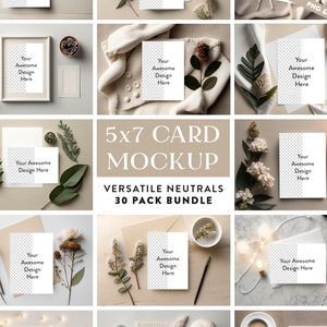 30 x Neutral Greeting Card Mockup Bundle | 5x7 Invite Mock-Up Simple Stationary Card Wedding Baby Shower Invitation Thank You Paper Mockups