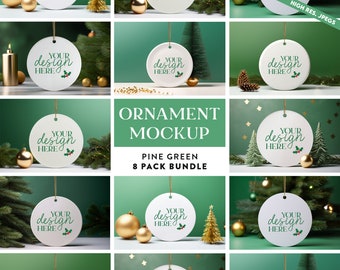 8 x Green Round Ceramic Ornament Mockup Bundle | Tree Ornament Mockups White Circle Ornament Mock-up Printify Ornament Christmas Mockups