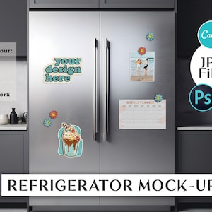 ¡Maqueta de refrigerador plateado para imanes, calendarios, pegatinas, letreros, fotos y más! Archivo JPEG de alta calidad Descarga digital / Maqueta de nevera