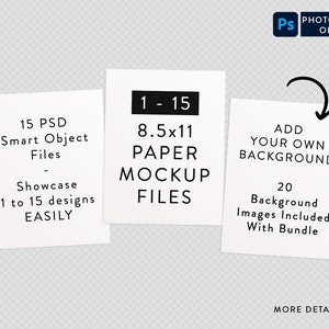 Paquete de maquetas de papel tamaño carta 8.5x11 / Muestra hasta 15 hojas en una diapositiva / Objeto inteligente PSD Photoshop solo coloca tu propio fondo 20 gratis