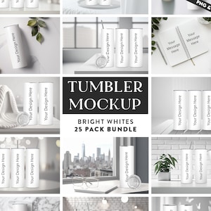 25 x Bright Whites Tumbler Mockup Variety Bundle | 20oz Skinny Straight Tumbler Mock up Transparent PNG Mock-Up Edit in CANVA and Photoshop
