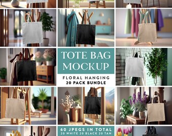 20 Mockups In 3 Colors - 60 Files in Total | Floral Spring Summer Theme Tote Bag Mockup Bundle | Sand White Black Hanging Cotton Bag Mockups
