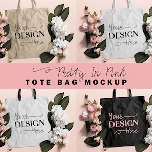 Pretty In Pink Flat Lay Tote Bag Mockup In 4 Colors - Canvas Tote Bag Mock Up Easy Edit On Canva & Photoshop - Feminine Tote Mock-Up