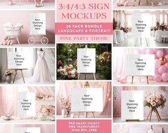 30 x Rosa Party Themed Schild Mockup Bundle | PSD Smart Objekt Mock-ups | 3:4 Leinwand Staffelei Mockups | Quer- und Hochformat inklusive