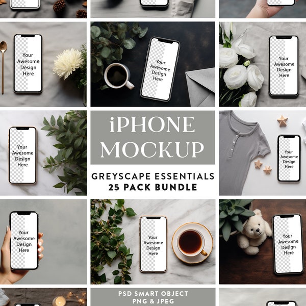 25 x Greyscape Theme iPhone Screen Mock-up Bundle | PSD Smart Object Evite / E-Invite Mockups Smartphone App Screen Device Social Media Mock