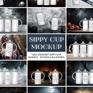 50 x Halloween Kids 12 Unzen gerader Schnabeltasse Tumbler Mockup Bundle Kinder Schnabeltassen Mock-ups Transparenter PNG Hintergrund Canva Photoshop
