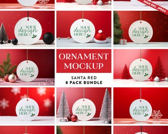 8 x Santa Red Round Ceramic Ornament Mockup Bundle | Tree Ornament Mockups White Circle Ornament Mock-up Printify Ornament Christmas Mockups