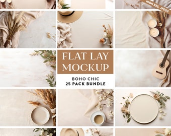 25 x Boho Table Flat Lay Mockup Bundle Add Your Own Products | Digital Background Mock up | Styled Stock Photography Scene Creator Mockups