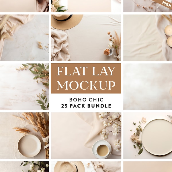 25 x Boho Table Flat Lay Mockup Bundle Fügen Sie Ihre eigenen Produkte hinzu | Digitaler Hintergrund Mock up | Styled Stock Photography Scene Creator Mockups