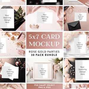 30 x Rose Gold A7-wenskaartmodelbundel | A7 slimme object PSD-modellen | 5 x 7 uitnodigen Mock-Up portret & landschap uitnodiging roze thema