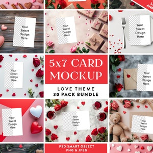 Lot de 30 maquettes de carte de voeux A7, thème de l'amour | Maquettes PSD d'objets intelligents A7 | Faire-part maquette portrait et paysage pour la Saint-Valentin 5 x 7