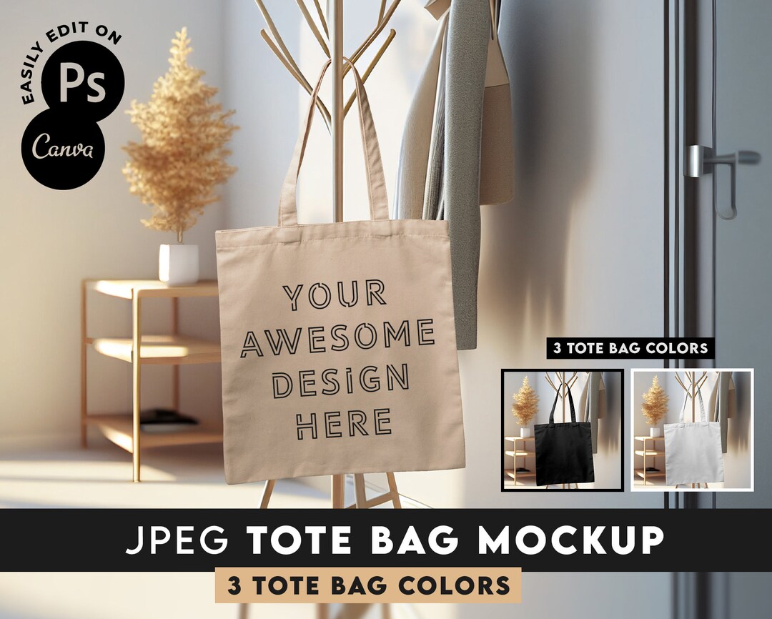 Hanging Tote Bag Mockup White, Black and Tan Tote Bag Mockup Edit in Canva or Digital