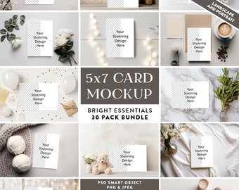 30 x Bright A7 Greeting Card Mockup Bundle | A7 Smart Object PSD Mockups | 5x7 Invite Mock-Up | Portrait & Landscape Invitation Card Mockup