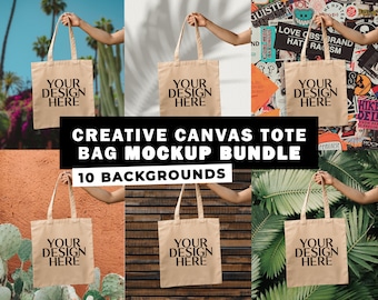 10 x Creative Holding Tote Bag Mockup Bundle | 10 Different Backgrounds Edit in Canva or Photoshop | Canvas Tote Bag Mock Up | Tan Tote Mock