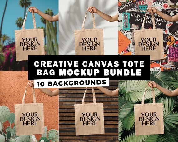 10 x Creative Holding Tote Bag Mockup Bundle | 10 Different Backgrounds Edit in Canva or Photoshop | Canvas Tote Bag Mock Up | Tan Tote Mock