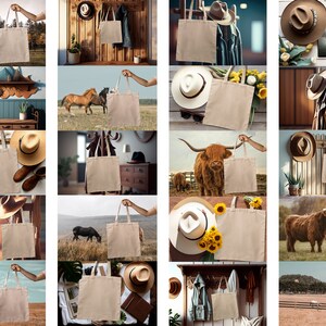 K&ouml;nnte beinhalten: Eine Sammlung von 12 leeren Canvas-Tragetaschen in verschiedenen Umgebungen. Die Taschen sind in einem nat&uuml;rlichen Beige gehalten und haben ein schlichtes Design. Die Taschen werden in einer Vielzahl von Umgebungen gezeigt, darunter ein rustikaler Stall, ein Feld mit Pferden und ein Raum mit Holzboden.