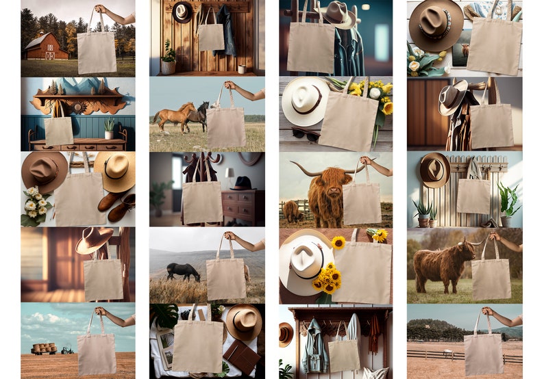 K&ouml;nnte beinhalten: Eine Sammlung von 12 leeren Canvas-Tragetaschen in verschiedenen Umgebungen. Die Taschen sind in einem nat&uuml;rlichen Beige gehalten und haben ein schlichtes Design. Die Taschen werden in einer Vielzahl von Umgebungen gezeigt, darunter ein rustikaler Stall, ein Feld mit Pferden und ein Raum mit Holzboden.