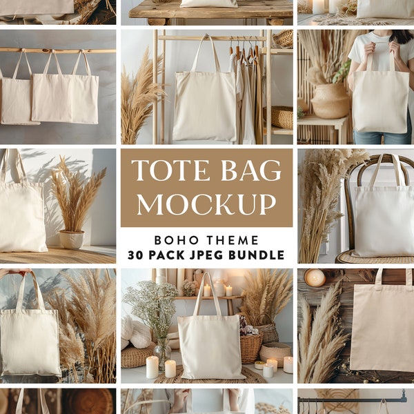 30 x Boho Theme Natural Cotton Tote Bag Mockup Bundle | Sand Canvas Tote Bag Mockups | Tan Printify Totes Mock-up | Economical Tote Bag Mock