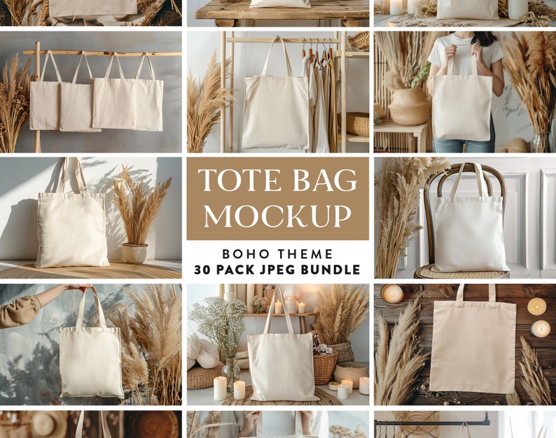 30 x Boho Theme Natural Cotton Tote Bag Mockup Bundle Sand Canvas Tote Bag Mockups Tan Printify Totes Mock-up Economical Tote Bag Mock image 1