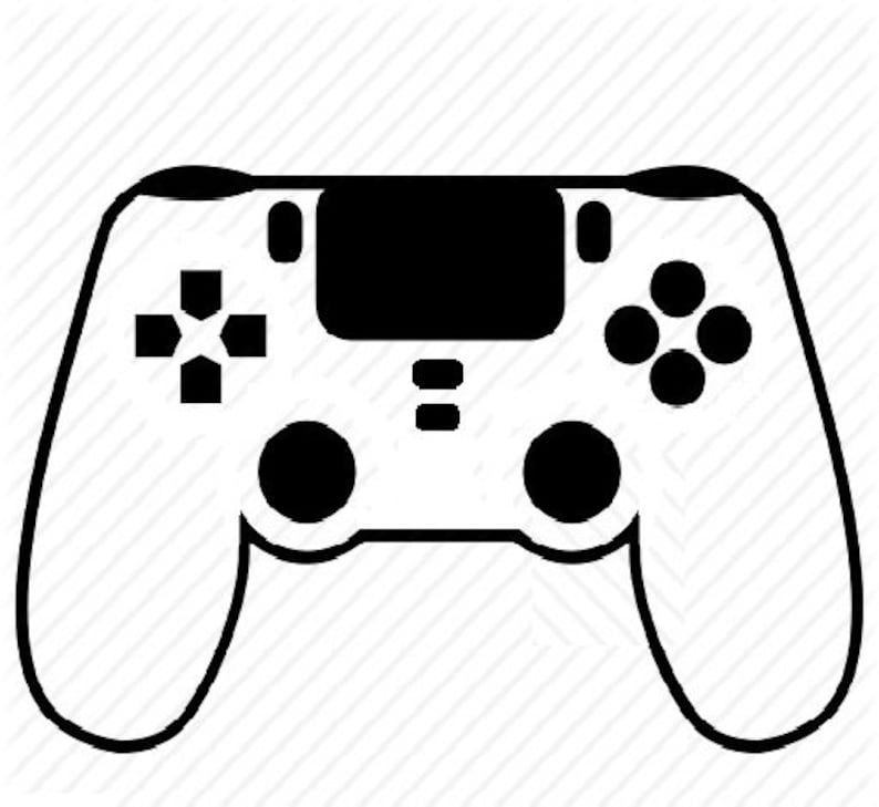 May include: A black and white illustration of a video game controller. The controller has two joysticks, a directional pad, and buttons.