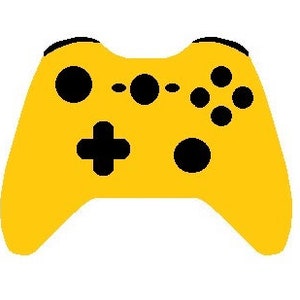 Puede incluir: Un mando de videojuegos amarillo con botones negros y un pad direccional negro.