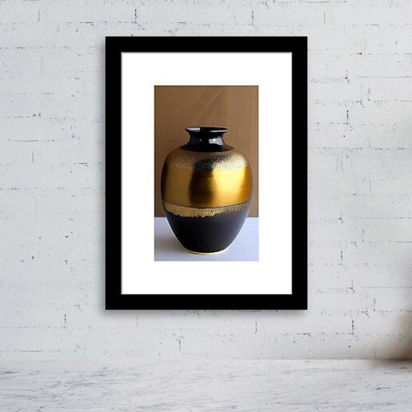 Framed Pottery Golden Noir Vase Digital print wall art + Free Phone Wallpaper