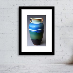May include: A ceramic vase with a blue, green, and white glaze. The vase has two handles and a rounded body.