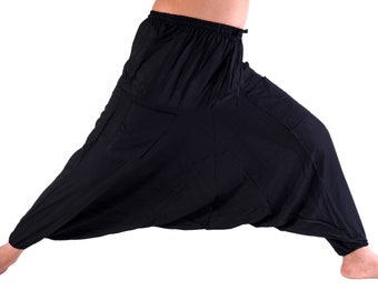 Sarouel noir uni avec poche pour femmes, vêtements de détente confortables, pantalons de yoga amples, pantalons hippie hippie, festival d'été avec entrejambe ouvert, pantalon indien