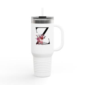Insulated Travel Mug with Floral Initial Design, Personalized Coffee Cup for Travel, Gift for Her, Elegant Tumblers, Custom Mug