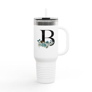 Personalized Floral Monogram Insulated Travel Mug, Perfect for Gifts, Coffee Lovers, Moms, Birthdays, and Holidays - 40oz
