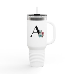 Personalized Insulated Travel Mug, 40oz Floral Initial Coffee Cup, Customizable Drinkware, Perfect Gift for Weddings & Birthdays